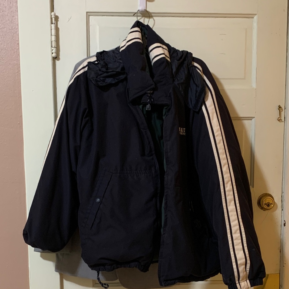 Nautica Men's Navy Puffer Jacket with White Stripes Reversible to Forest Green